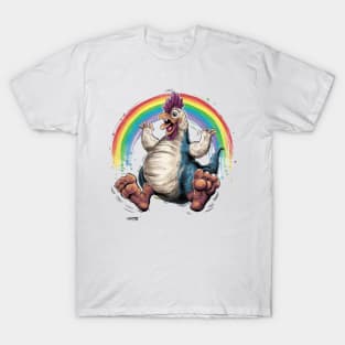 Happy Bizarre Chicken-Dinosaur Enjoying Under The Rainbow T-Shirt